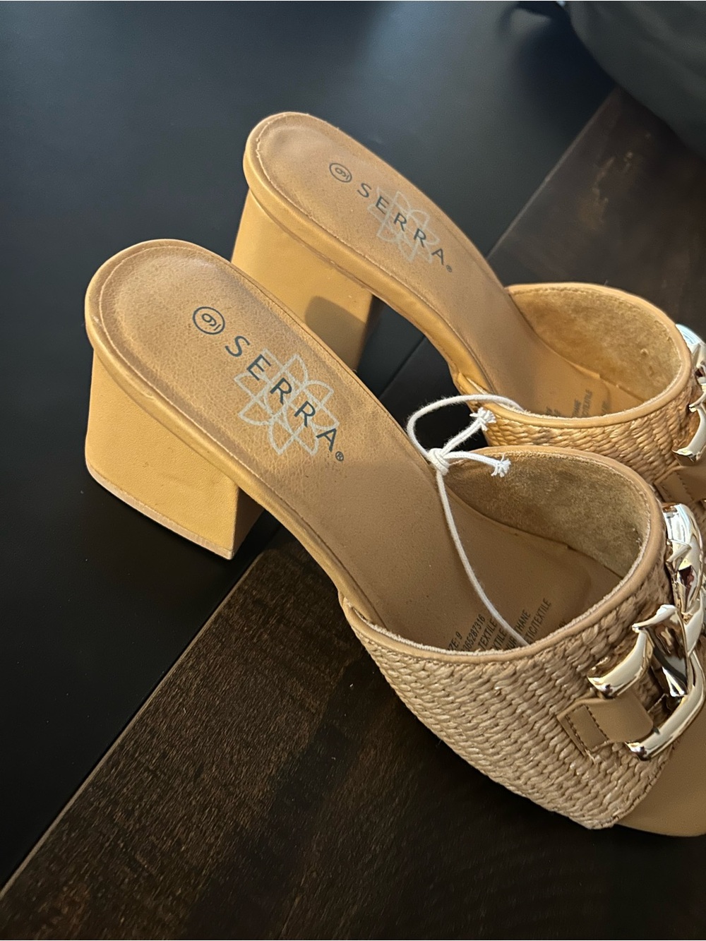 Serra Tan Woven Block Heel Mules with Gold Chain Detail - Picture 3 of 4
